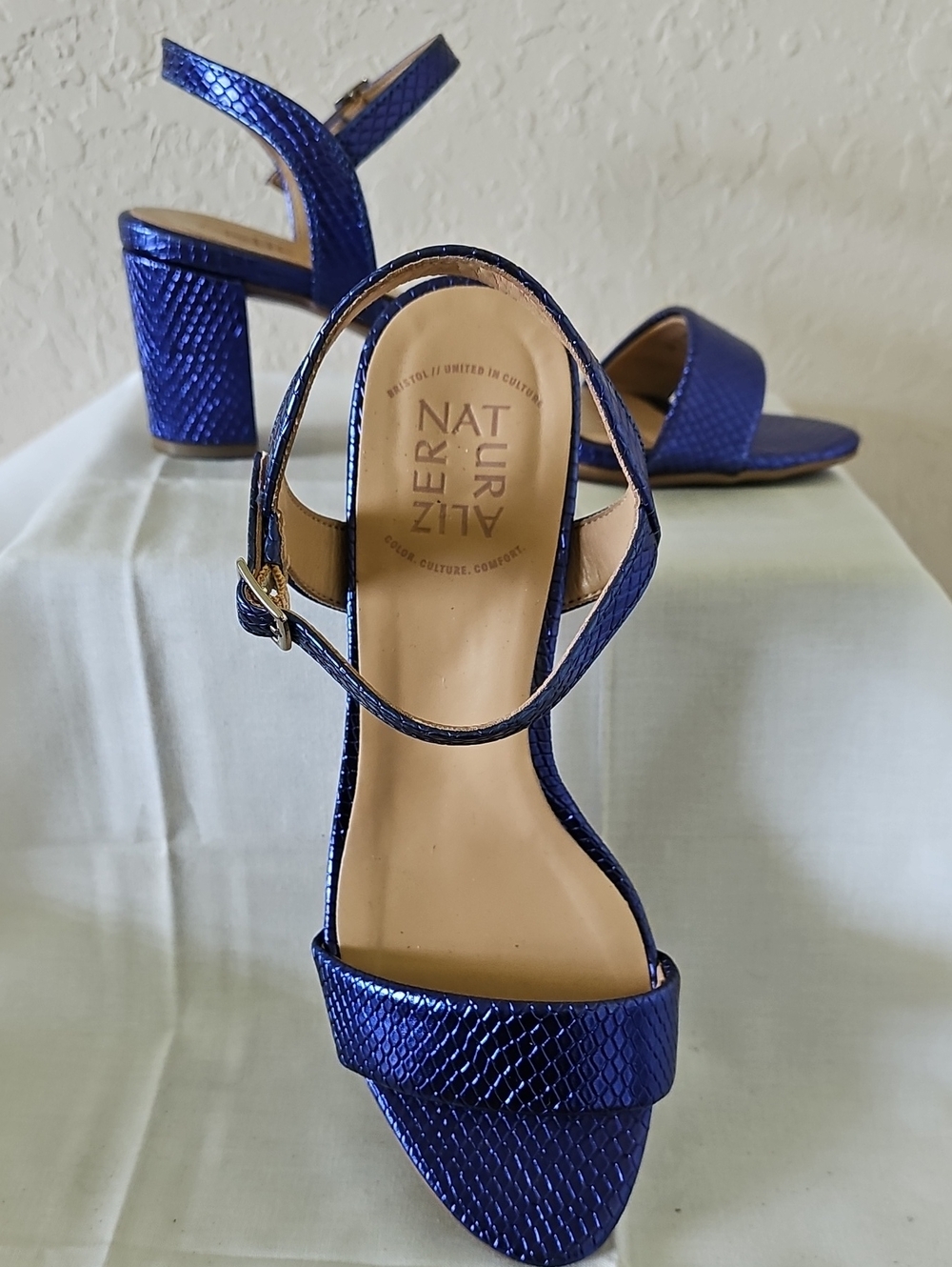 Naturalizer Metallic Blue Snake-Embossed Block Heel Sandals
